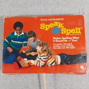 VTG 1984 Texas Instruments Speak & Spell with Super Stumpers Cartridge Box Works